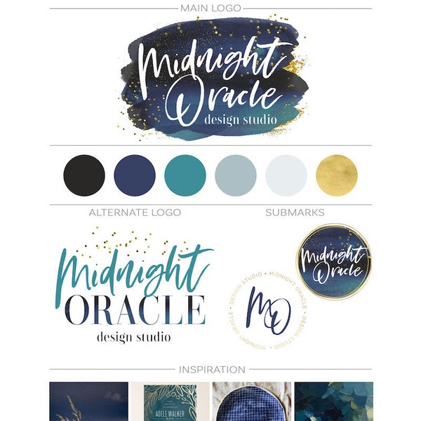 Watercolor Logo, Kit Gold Navy Logo Design, Custom Branding Package, Business Branding Kit, Gold Glitter Logo Fashion Boutique Logo Bohemian