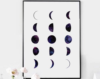 Phases of the Moon Print, Moon Phases Wall Art, Watercolor Moon Phase Print, Galaxy Art Print, Moon Poster, La Luna Minimalist Art Space Art