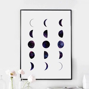 May include: A black and white print of the phases of the moon with a galaxy design. The moon phases are arranged in three vertical columns.