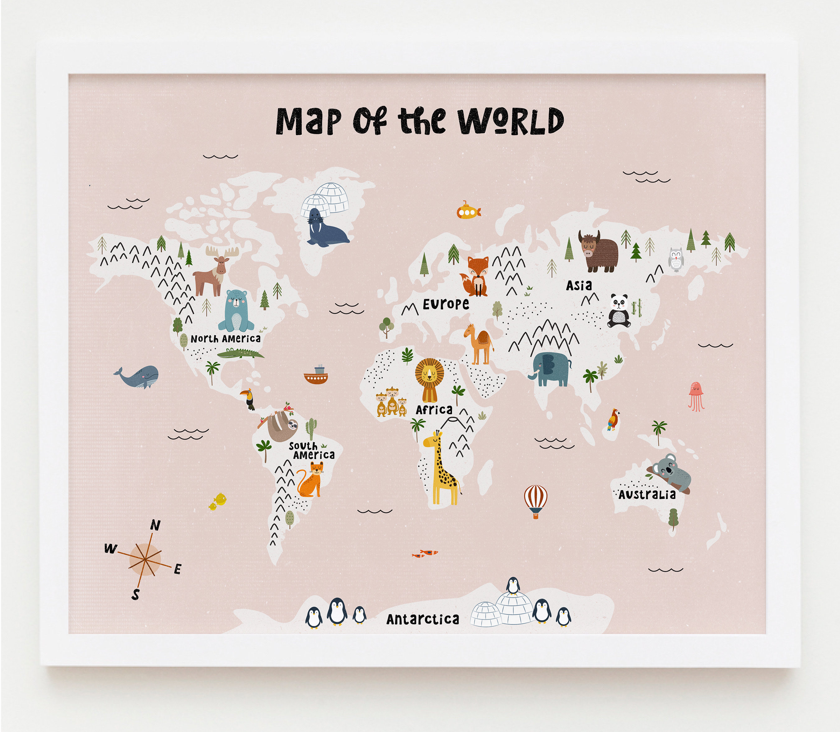 Minimalist Nursery World Map Print Mid Century Modern Pink Etsy