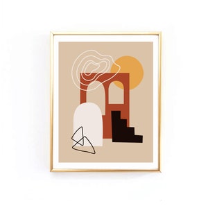 Op de afbeelding: Abstracte kunstprint met een bruine boog, een witte cirkel, zwarte trappen en een gele zon op een beige achtergrond.