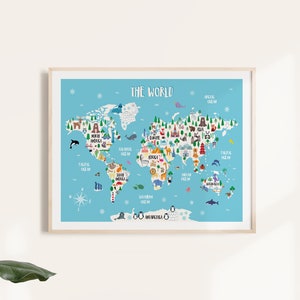 May include: A colourful illustrated world map with animals and landmarks on a light blue background. The map is framed in a light wood frame. The title "THE WORLD" is printed at the top of the map.