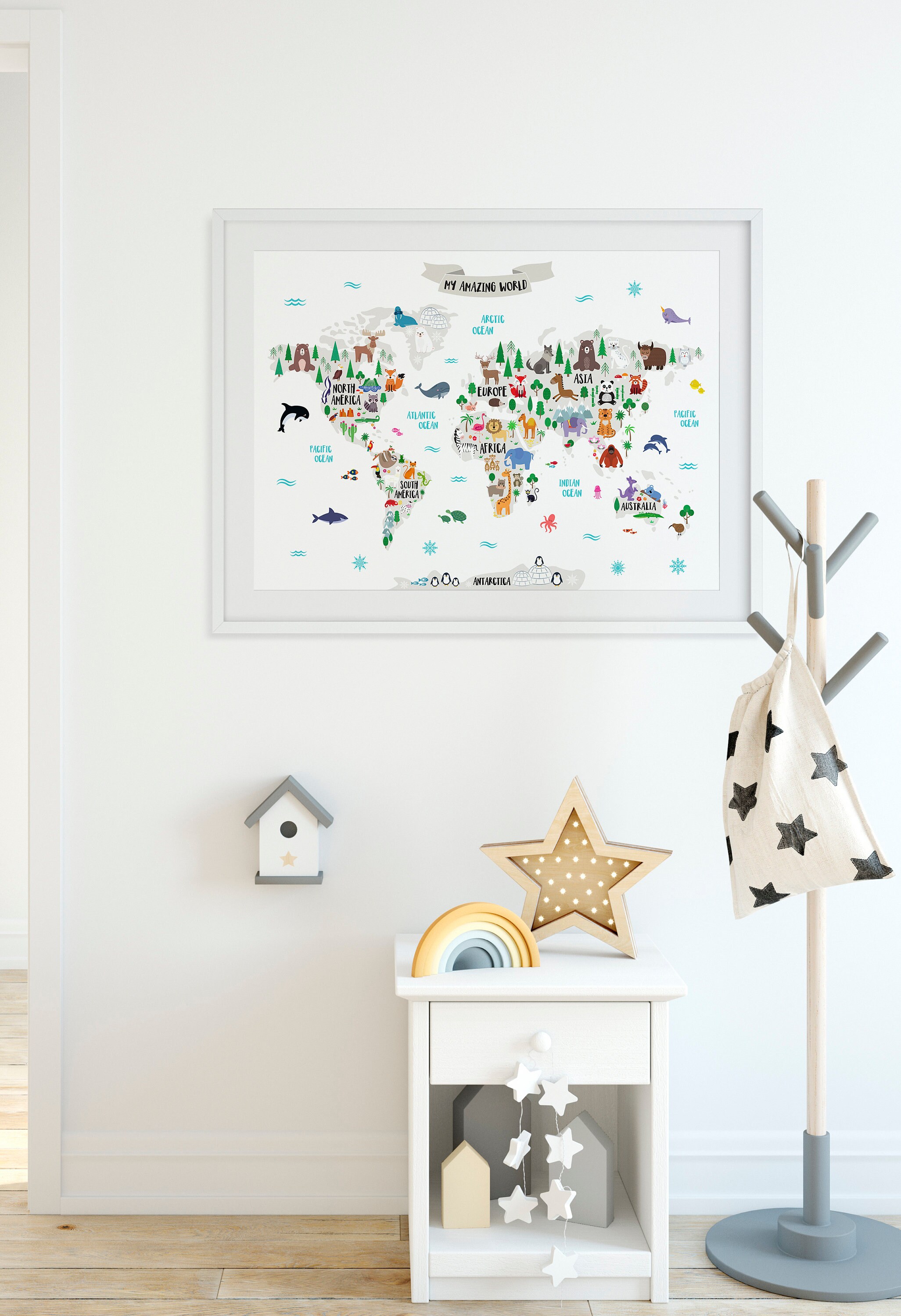 World map poster Educational print for preschool classroom and