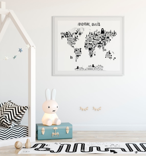 Animal World Map Print, Monochrome Nursery World Map, Adventure Nursery Map Art Kids World Map Poster Black White Scandinavian Nursery Decor