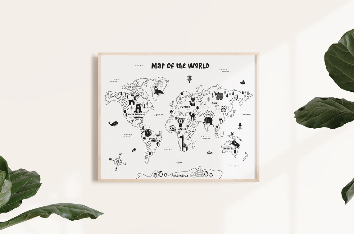 Animal World Map Nursery Wall Art Black White Kids Room | Etsy