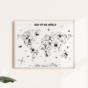 Animal World Map Nursery Wall Art, Black White Kids Room Decor, Kids ...