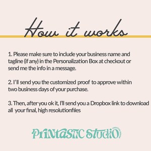May include: A light beige graphic with the text "How it works" in a cursive font. The text explains the process: include business name, approve proof, and download files. The Printastic Studio logo is at the bottom.
