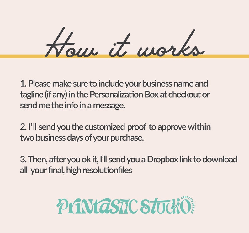 May include: A light beige graphic with the text "How it works" in a cursive font. The text explains the process: include business name, approve proof, and download files. The Printastic Studio logo is at the bottom.