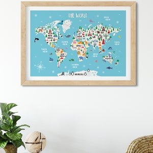 May include: A colourful illustrated world map with animals and landmarks on a light blue background. The map includes the continents of North America, South America, Europe, Asia, Africa, Australia, and Antarctica. The oceans are labelled: Pacific Ocean, Atlantic Ocean, Indian Ocean, Arctic Ocean, and Southern Ocean.