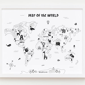 Animal World Map Kinderzimmer Wandkunst, Schwarz Weiß Kinderzimmer Dekor, Kinder Weltkarte, Boho Kinderzimmer Dekor, Minimalistisches Kinderzimmer Druckbare Karte Poster