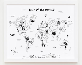 Animal World Map Nursery Wall Art, Black White Kids Room Decor, Kids World Map, Boho Nursery Decor, Minimalist Nursery Printable Map Poster