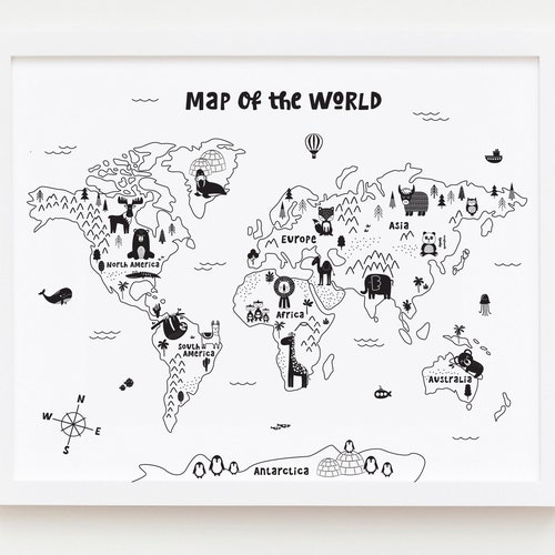 animal world map nursery wall art black white kids room etsy