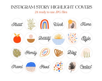May include: Set of 24 Instagram story highlight covers with various designs, including a rainbow, a sun, a leaf, a family, a blog, a travel, a food, a contact, a home, a beauty, a style, a work, and an about. The covers are in a circle shape and have a white background.
