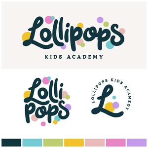 May include: The image features a logo for "Lollipops Kids Academy" in a playful, handwritten font. The design includes colorful polka dots and multiple logo variations. The color palette includes teal, light blue, green, yellow, pink, and purple.