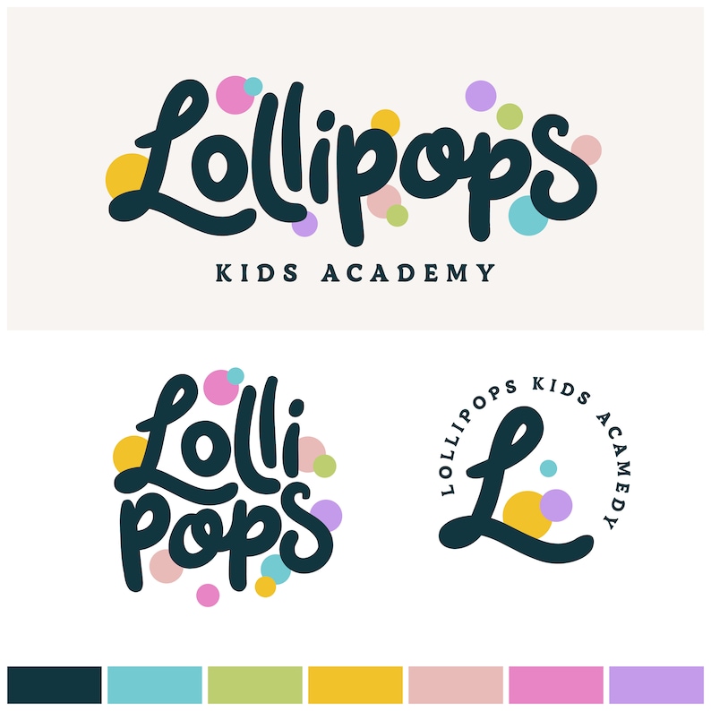 May include: The image features a logo for "Lollipops Kids Academy" in a playful, handwritten font. The design includes colorful polka dots and multiple logo variations. The color palette includes teal, light blue, green, yellow, pink, and purple.