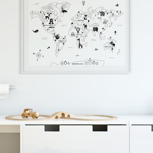 Animal World Map Nursery Wall Art, Black White Kids Room Decor, Kids ...