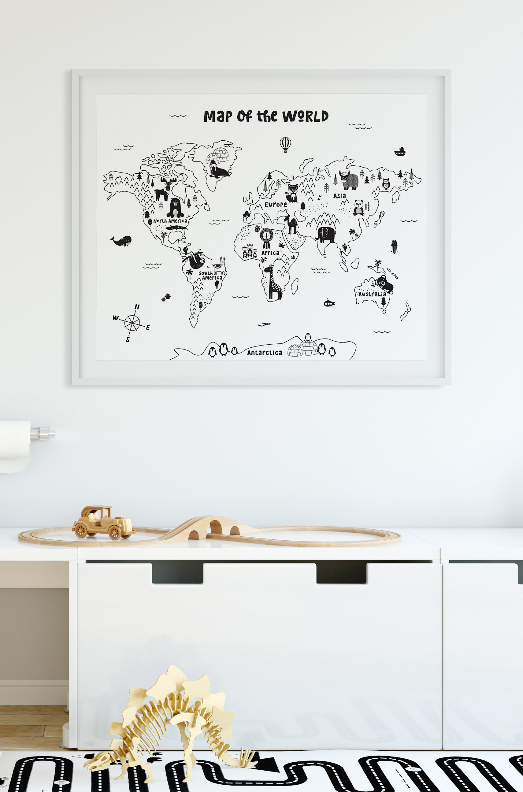 Animal World Map Nursery Wall Art Black White Kids Room - Etsy