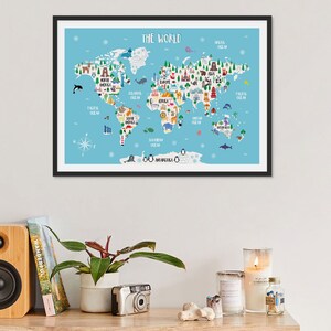 May include: A framed world map with a blue background and colourful illustrations of animals, landmarks, and cities. The map includes the text "THE WORLD" at the top and names of continents and oceans.