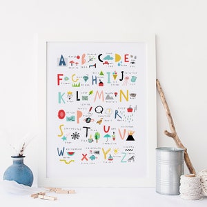 Puede incluir: Un p&oacute;ster de alfabeto colorido con ilustraciones para cada letra. Las ilustraciones son brillantes y caprichosas, con una variedad de colores y patrones. Las letras est&aacute;n en una fuente en negrita y juguetona.
