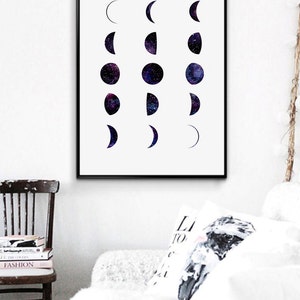 May include: A black framed print with a white background and a series of black and purple moons in different phases. The moons are filled with a galaxy-like pattern of stars.