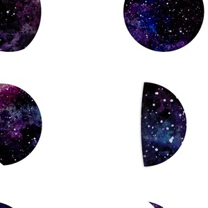 May include: A set of five watercolor moon phases in shades of purple and blue with white speckles. The moon phases are a full moon, a half moon, a crescent moon, and two crescent moons.
