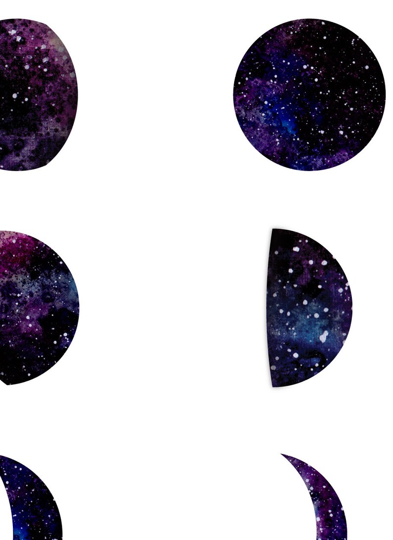 May include: A set of five watercolor moon phases in shades of purple and blue with white speckles. The moon phases are a full moon, a half moon, a crescent moon, and two crescent moons.