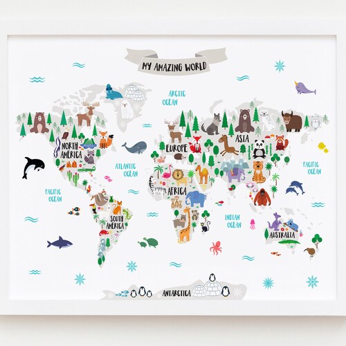 Animal World Map Print Kids World Map Poster Nursery World - Etsy