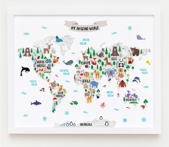 Animal World Map Kids Educational Nursery Wall Art POSTER LAMINATION* A4 A3 A2