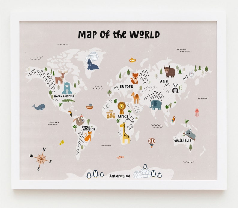 Puede incluir: Un mapa del mundo ilustrado y colorido con ilustraciones de animales para cada continente. El mapa incluye los continentes de Am&eacute;rica del Norte, Am&eacute;rica del Sur, Europa, Asia, &Aacute;frica, Australia y la Ant&aacute;rtida. El mapa est&aacute; enmarcado en un marco blanco.