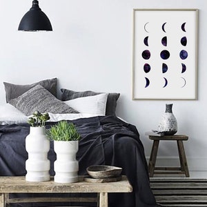 May include: A black and white print of the phases of the moon with a galaxy design. The print is framed in a thin, silver frame and is hanging on a white wall above a bed.