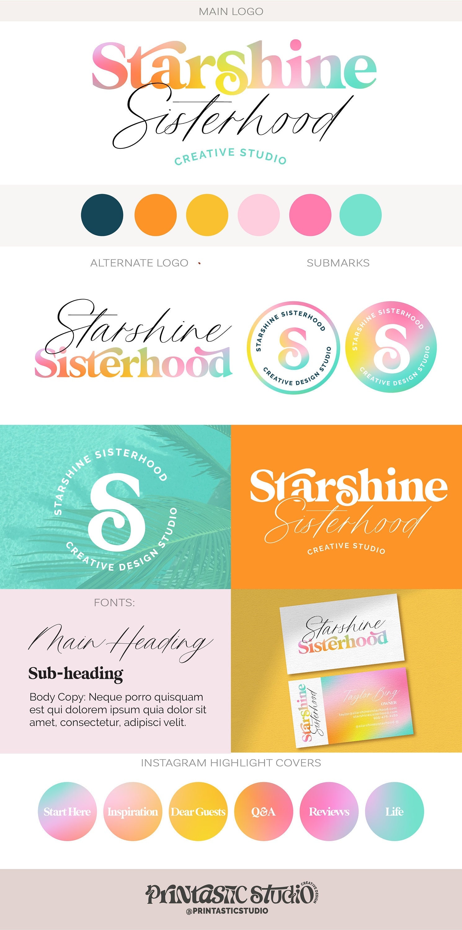 Fun Retro Logo Design, Gradient Texture Logo Branding Kit, Podcast Banner, Fashion Blog Header, Cheerful Rainbow Beauty Logo, Manifest