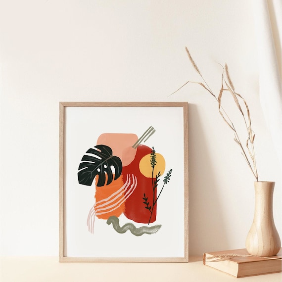 Watercolor Abstract Wall Art, Monstera Print, Geometric Poster, Minimalist Artwork, Brush Stroke Art, Mid Century Modern Gallery Wall Decor