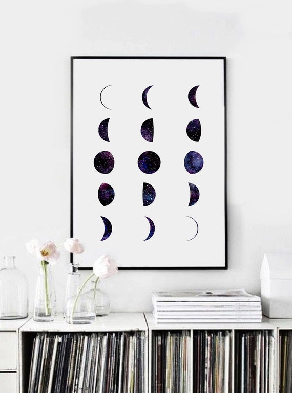 Phases of the Moon Print, Moon Phases Wall Art, Watercolor Moon Phase Print, Galaxy Art Print, Moon Poster, La Luna Minimalist Art Space Art