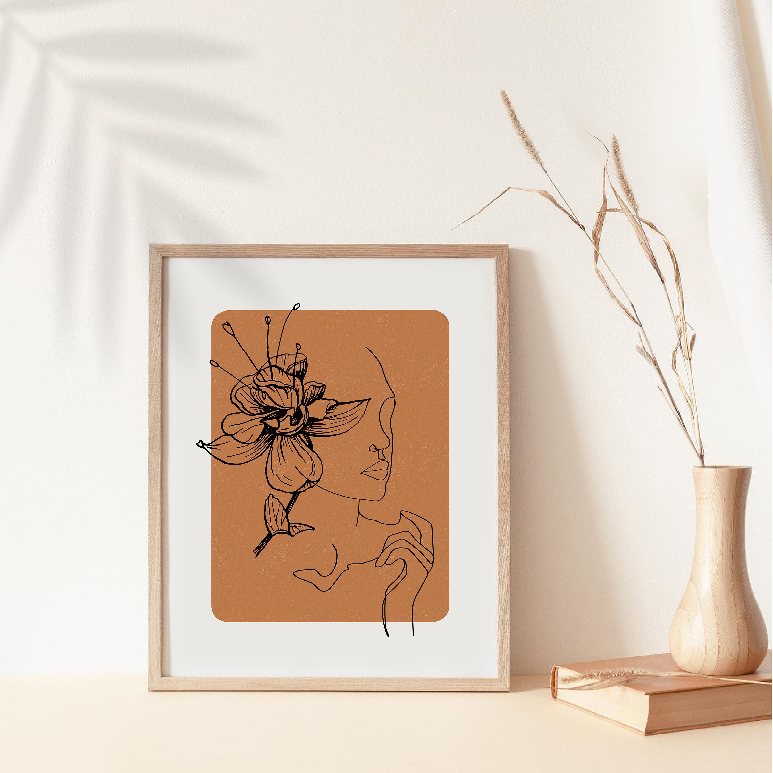One Line Art Woman With Flowers, Flower Head Poster Line Drawing Flower ...
