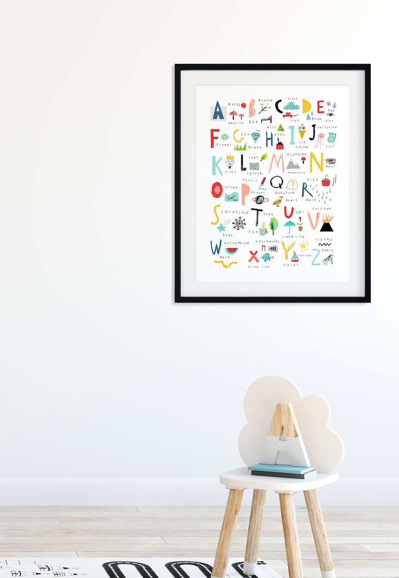 Puede incluir: Un p&oacute;ster enmarcado en negro con una impresi&oacute;n de alfabeto colorido. Cada letra est&aacute; rodeada de ilustraciones de objetos que comienzan con esa letra. Por ejemplo, la letra A est&aacute; rodeada de ilustraciones de una manzana, una flecha y un ancla.
