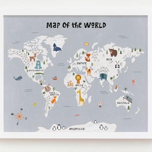 Arte moderna da parede do mapa-múndi do berçário Boho, pôster de mapa-múndi para impressão, mapa-múndi minimalista de animais de berçário para crianças, tons de terra, impressão de quarto de bebê