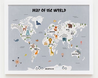 Modern Boho Nursery World Map Wall Art, Printable World Map Poster, Minimalist Nursery Animal World Map for Kids Earth Tones Baby Room Print
