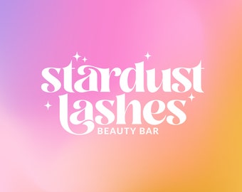 Sello de logotipo de belleza, logotipo de estrellas degradadas, kit de marca retro, logotipo de pestañas para cabello, uñas, logotipo de moda rosa, kit de logotipo semi personalizado con logotipo estético Aura