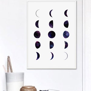 May include: A white framed print with a black and purple galaxy moon phases design. The moon phases are in a row of three, with each row showing a different phase of the moon.