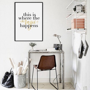 This Is Where the Magic Happens, Office Decor, Inspirational Quote, Scandinavian Print, Typography Print Black & White, Printable Quote Art image 3