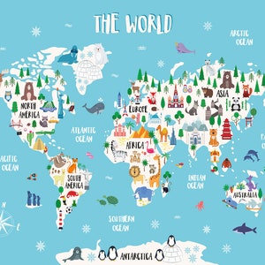 May include: A colourful illustrated world map with continents, oceans, and animals. The map includes the names of each continent and ocean. The map is on a light blue background with white snowflakes.