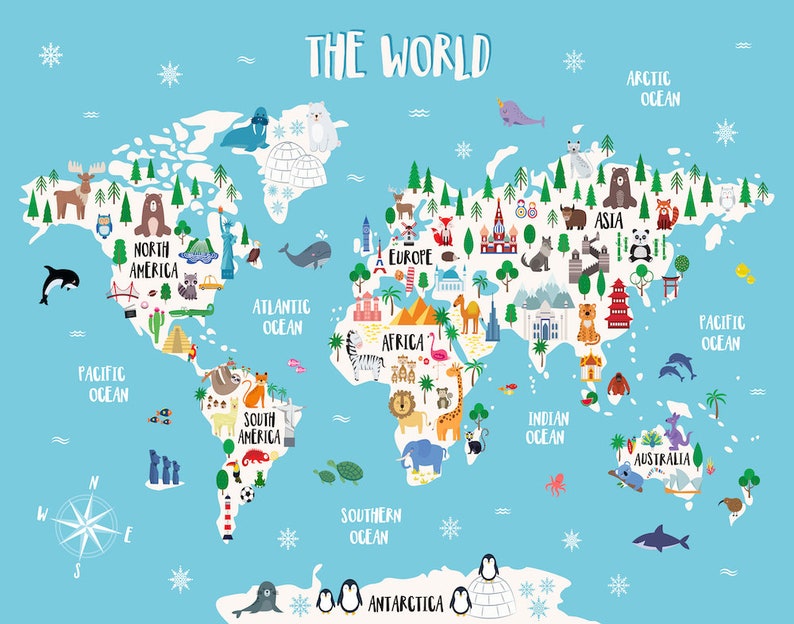May include: A colourful illustrated world map with continents, oceans, and animals. The map includes the names of each continent and ocean. The map is on a light blue background with white snowflakes.