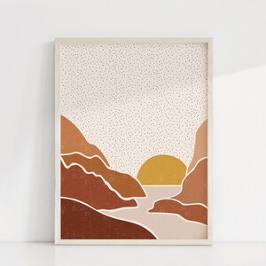 May include: Abstract art print featuring a sunset over a landscape with brown and orange mountains. The sky is filled with small white dots.