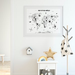 Animal World Map Nursery Wall Art, Black White Kids Room Decor, Kids ...