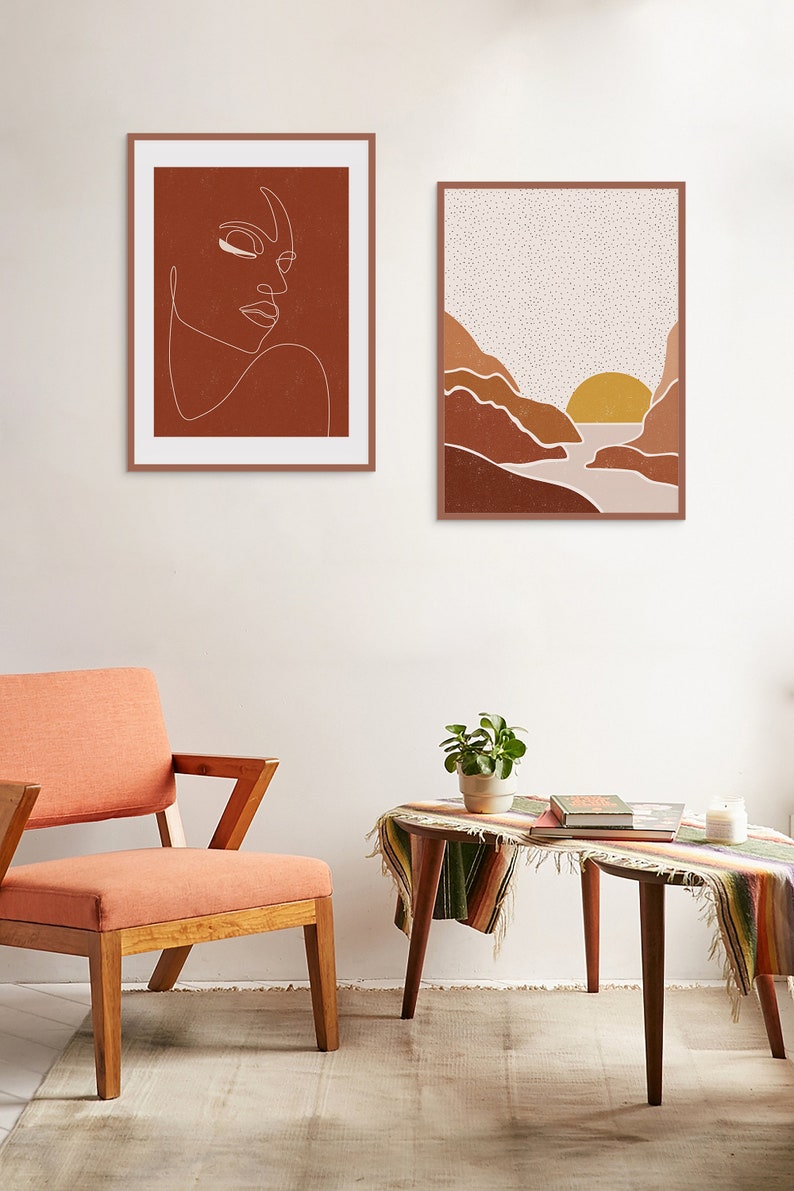 Minimalist Landscape Printable Wall Art, Abstract Sun Art Print, Boho Nature Wall Art, Gallery Wall Decor, Mountains Poster Terra Rust Print image 3