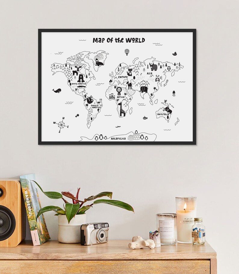 Animal World Map Nursery Wall Art Black White Kids Room | Etsy