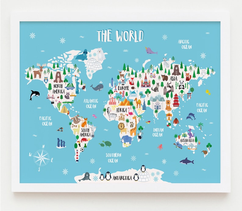 May include: A colourful illustrated world map with animal and landmark icons for each continent. The map is on a light blue background with white snowflakes and the text "THE WORLD" at the top.