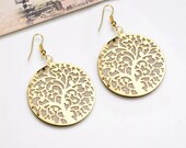 Tree of Life Earrings, Etched tribal earrings, tribal earrings, boho earrings, brass earrings, gold earrings, gypsy esrrings