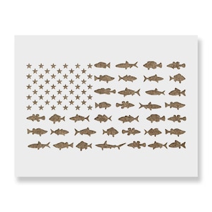 May include: A stencil of an American flag with fish replacing the stripes. The stars are in the blue field of the flag. The fish are all facing the same direction.
