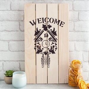 Cuckoo Clock Welcome Stencil for Signs, Mylar Wall Clock Stencils for Crafts and Decor image 2